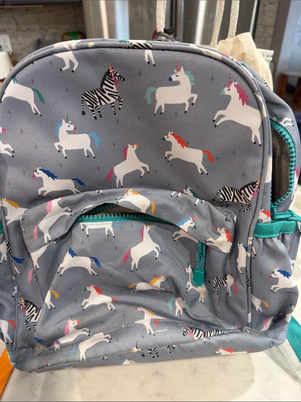 Crate&Barrel Gray Kids Backpack with Unicorn and Teal Accents